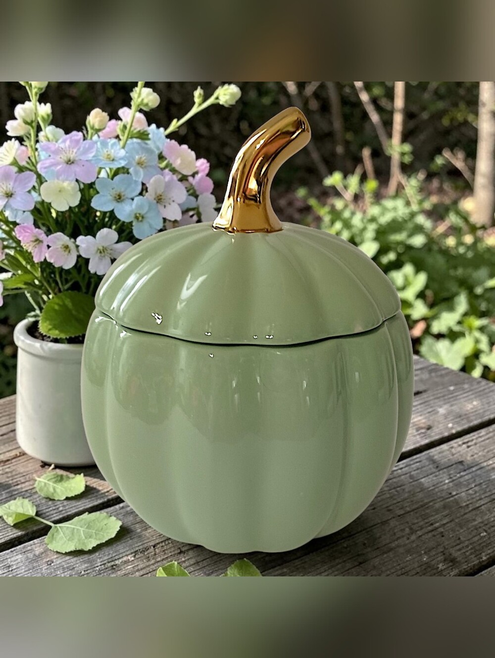 Martha Stewart Pumpkin Canister Sage Green Gold Ceramic Fall Harvest Candy Dish - Picture 13 of 16